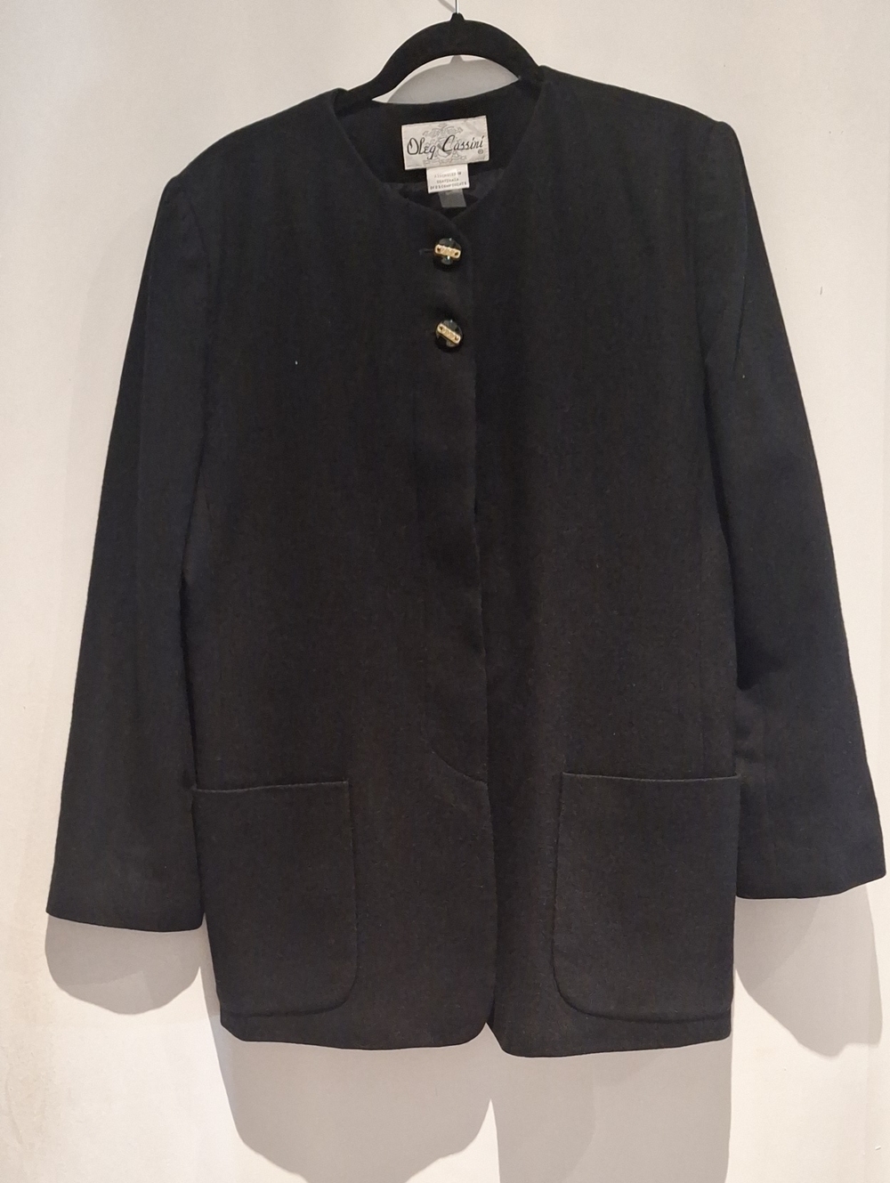 Oleg Cassini Black Collarless Wool Blazer Jacket with Gold Chain Detail Buttons